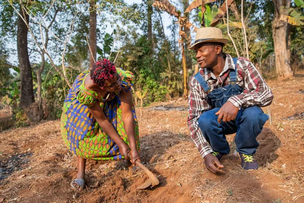 Two African Farmers Hoe Fields Have Conversation Agriculture Africa — Stock Photo, Image