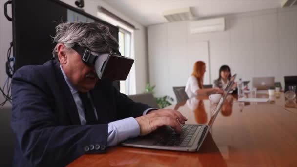 Businessman Works Headsets Office Happy Rejoices — Stock Video