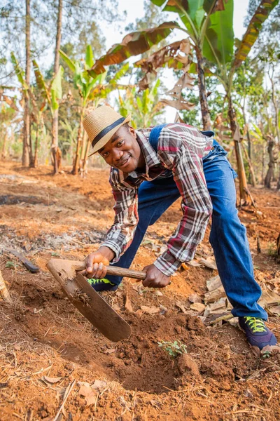 Egy Farmer Kapával Kezében Dolgozik Föld Afrikában Függőleges Fotó — Stock Fotó