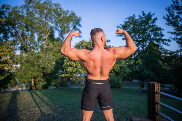 Culturista Muestra Sus Músculos Espalda Bíceps Durante Entrenamiento Parque Aire —  Fotos de Stock