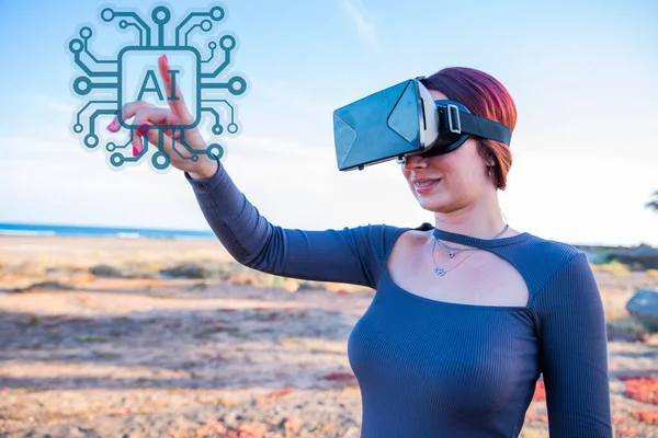 Жінка Гарнітурами Віртуальної Реальності Торкається Чіпа Штучного Інтелекту Майбутнього Технології — стокове фото