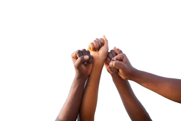 Cztery Pięści Afrykańczyków Zjednoczonych Niebie Zdjęcie Przezroczystym Tłem Przestrzenią Kopiowania — Zdjęcie stockowe