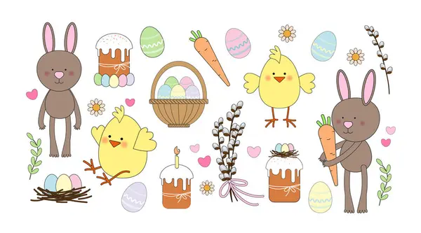 Easter set. Cute bunny and chick characters, eggs, Easter cake, pussy willow, nest, carrots, daisies, hearts. Vector spring holiday illustration in flat style isolated on white background