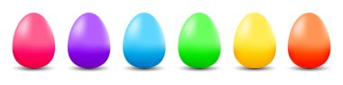 Paskalya yumurtası. Beyaz arka planda renkli üç boyutlu yumurtalar. Mutlu Paskalyalar. Vektör illüstrasyonu