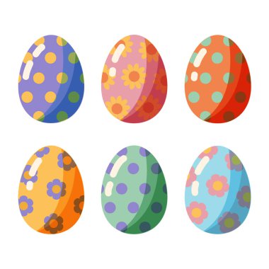 Renkli Paskalya yumurtaları. Beyaz arkaplanda izole edilmiş düz biçimdeki vektör illüstrasyonu