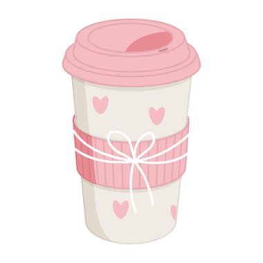 Kalpli sevimli pembe kağıt kahve fincanı. Beyaz arkaplanda vektör illüstrasyonu