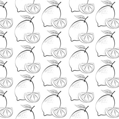 Kusursuz desenli, çizim tarzında taze limon meyvesi. Beyaz arkaplanda vektör illüstrasyonu