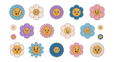 Moda modası geçmiş psikedelik tarzda yapılmış şık bir çiçek etiketi. Yüzü olan komik çiçek karakterleri. Beyaz arkaplanda izole edilmiş vektör illüstrasyonu.
