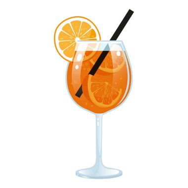 Aperol Spritz Kokteyli. Bardak, içecek, saman ve portakal dilimleri. Yaz içeceği. Portakal suyu limonatası. Vektör illüstrasyonu.