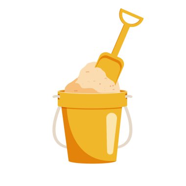 Kum ve kürekle dolu kova. Sarı çocuk kum havuzu oyuncağı. İzole vektör illüstrasyonu.