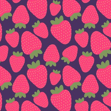 Koyu mavi bir arka planda pembe çilekli yaz meyvesi deseni. Vektör illüstrasyonu