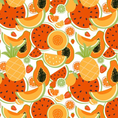 Beyaz arka planda papaya, karpuz, kavun, ananas, çilek ve narenciye desenli yaz meyveleri. Vektör illüstrasyonu
