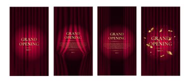 Büyük açılış. Kırmızı perde ve altın metinli birinci sınıf dikey pankart. Vektör illüstrasyonu