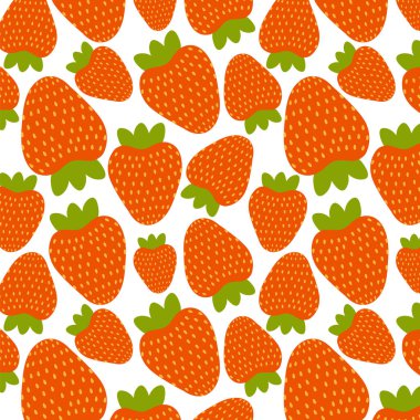 Beyaz arka planda çilekli kusursuz desen. Baskı için tasarım, ambalaj kağıdı, tekstil, kumaş, duvar kağıdı, doku. Kırmızı böğürtlenli arka plan. Düz biçimli vektör illüstrasyonu