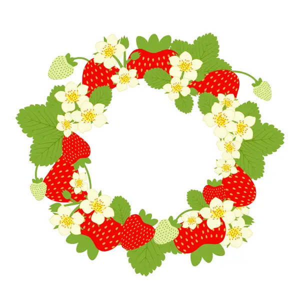 Στεφάνι Από Φράουλες Που Ανθίζουν Στρογγυλό Floral Πλαίσιο Θέση Για — Διανυσματικό Αρχείο