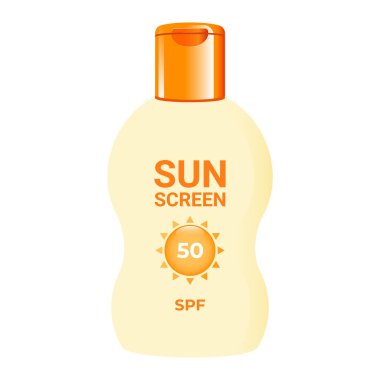 Güneş kremi. Cilt bakımı için güneş koruması için SPF ile kozmetik ürünler. İzole vektör illüstrasyonu