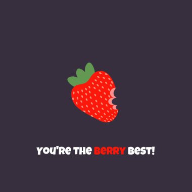 Komik cümleli, çilekli şirin bir yaz kartı. Koyu bir arkaplanda vektör illüstrasyonu