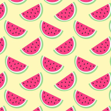 Pembe karpuzlu, kusursuz yaz deseni. Sarı pastel arka planda sevimli vektör çizimi