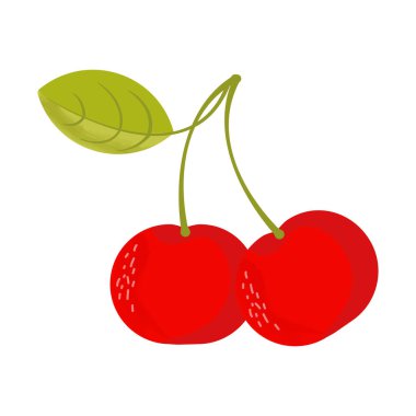 Yapraklı taze kiraz. Düz biçimde izole edilmiş vektör illüstrasyonu.