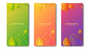 Tropikal bitkilerle dolu renkli yazlık dikey afişler. Vektör illüstrasyonu 
