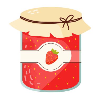 Kavanozda çilek reçeli. Düz biçimde izole edilmiş vektör illüstrasyonu
