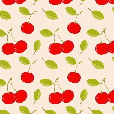 Yaz meyvesi, kiraz ve yapraklı dikişsiz desen. Bej arkaplan üzerinde düz biçimli vektör illüstrasyonu