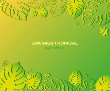 Yazlık afiş, tropikal bitki yapraklarıyla renklendirilmiş arka plan. Vektör illüstrasyonu