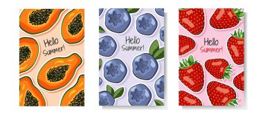 Papaya, çilek ve yabanmersinli yaz seti. Renkli kartpostal, pankart, meyveli poster şablonu. Vektör illüstrasyonu