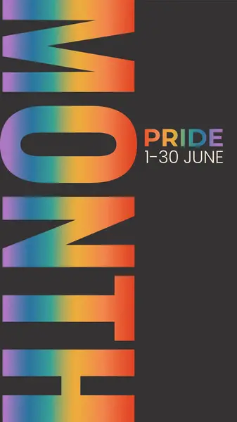 LGBTQ gurur ayı dikey afişi, kart, gökkuşaklı poster şablonu. Gay geçit töreni kutlaması. Siyah arkaplanda vektör illüstrasyonu