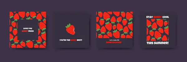 Set of cute summer cards with red strawberries with funny phrases. Vector illustration on dark background