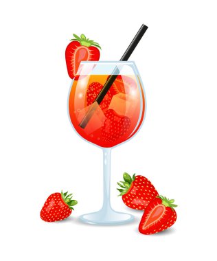 Strawberry cocktail. A glass with a drink, straw and berries. Summer drink. Lemonade with berry juice. Vector illustration isolated on white background