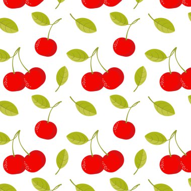 Yaz meyvesi, kiraz ve yapraklı dikişsiz desen. Beyaz arkaplanda düz biçimdeki vektör illüstrasyonu
