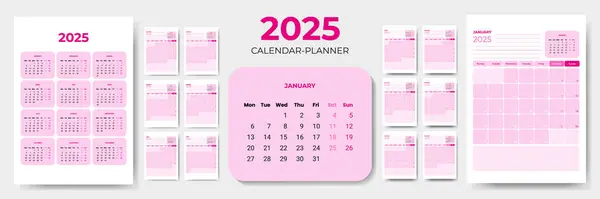 Pembe renkli günlük planlamacılar için takvim 2025 Pazartesi günü başlıyor. Vektör şablonu