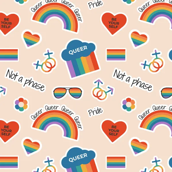 Gökkuşağı bayrak unsurları, cinsiyet işaretleri, LGBTQ sembolleri, slogan ve cümleleri olan kusursuz desen