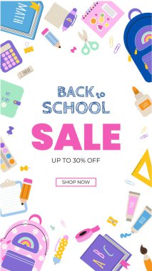 Okulun sosyal medya pankartına başlık ve renkli unsurlar okul malzemeleriyle geri dönüyoruz. Düz bir şekilde vektör illüstrasyonu