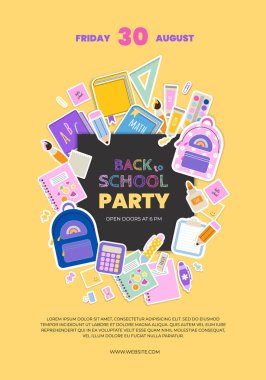 Okul partisi davetiyesi broşürüne, afişe ya da afişe başlık ve renkli unsurlar okul malzemeleriyle geri dönün. Düz bir şekilde vektör illüstrasyonu.