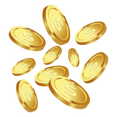 Beyaz arka planda gerçekçi altın sikke. Düşen ya da uçan para. Vektör 3d illüstrasyon