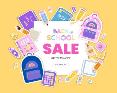 Okulun afiş şablonuna başlık ve renkli unsurlar okul malzemeleriyle geri dönelim. Düz biçimli vektör illüstrasyonu.