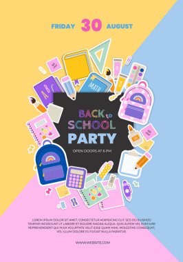 Okul partisi davetiyesi broşürüne, afişe ya da afişe başlık ve renkli unsurlar okul malzemeleriyle geri dönün. Düz bir şekilde vektör illüstrasyonu.