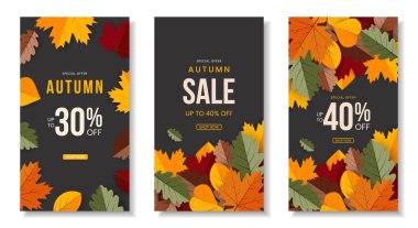 Sonbahar pankartı, siyah arka planda sonbahar yaprakları ile hazırlandı. Reklamcılık, web, sosyal medya için tasarım şablonu. Vektör illüstrasyonu