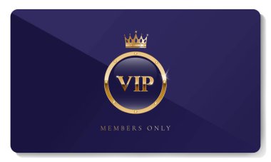 Altın taç ve diğer unsurlarla mavi renkli VIP kartı. Lüks tasarım. Vektör illüstrasyonu