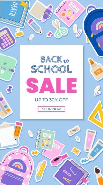 Okulun sosyal medya pankartına başlık ve renkli unsurlar okul malzemeleriyle geri dönüyoruz. Düz bir şekilde vektör illüstrasyonu