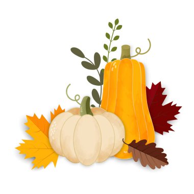 Kurumuş yapraklı balkabakları. Sonbahar kompozisyonu. İzole vektör illüstrasyonu