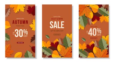 Sonbahar bayrağı sonbahar yapraklarıyla döşenmiş. Reklamcılık, web, sosyal medya için tasarım şablonu. Vektör illüstrasyonu