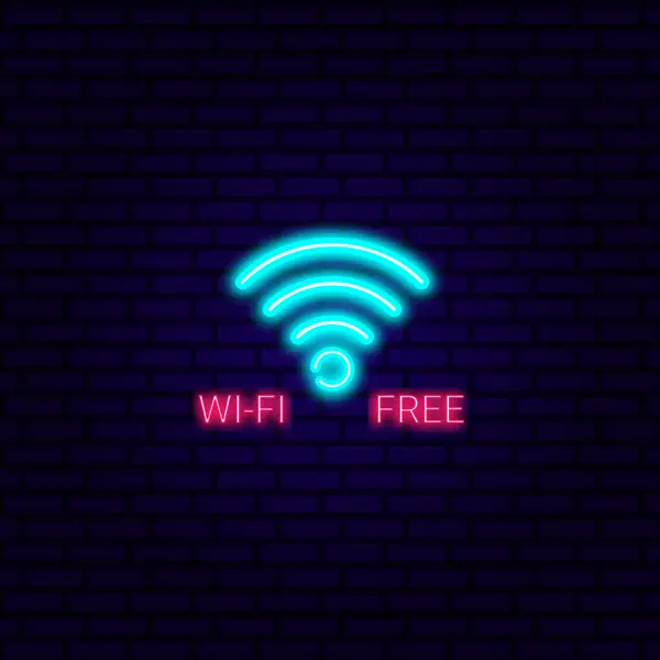 Bedava Wifi neon tabelaları, geceleri parlak reklamlar, hafif yazıtlar. Vektör illüstrasyonu