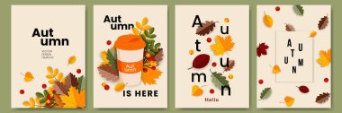 Sonbahar tebrik kartı seti, poster, kapak, afiş ya da parlak yapraklı el ilanı tasarımı. Reklam, web, sosyal medya şablonu. Vektör illüstrasyonu
