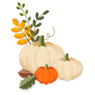 Kurumuş yapraklı balkabakları. Sonbahar kompozisyonu. İzole vektör illüstrasyonu