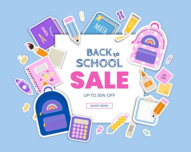 Okulun afiş şablonuna başlık ve renkli unsurlar okul malzemeleriyle geri dönelim. Düz biçimli vektör illüstrasyonu.