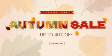 Autumn sale banner with falling leaves on beige background. Design template for advertising, web, social media. Vector illustration.	
