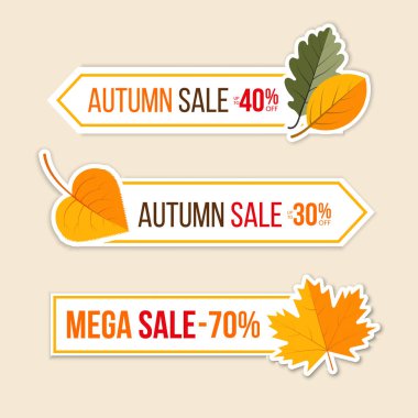 Sonbahar büyük satış tasarım elementleri. Yapraklı çıkartma. Alışveriş ve reklam için tasarım şablonu. Vektör illüstrasyonu
